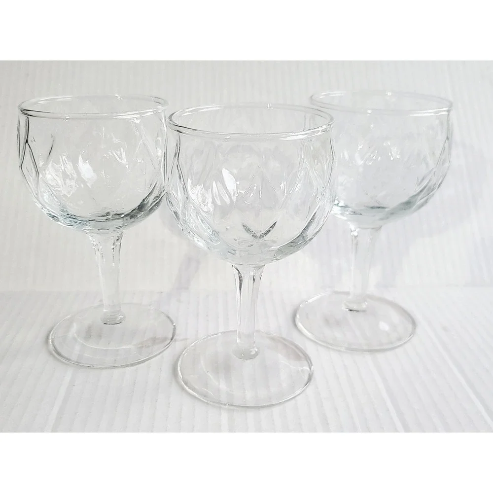 Vintage‎ Diamond Quilted Pattern Wine Water Goblets Clear Glass Stemware 3ct